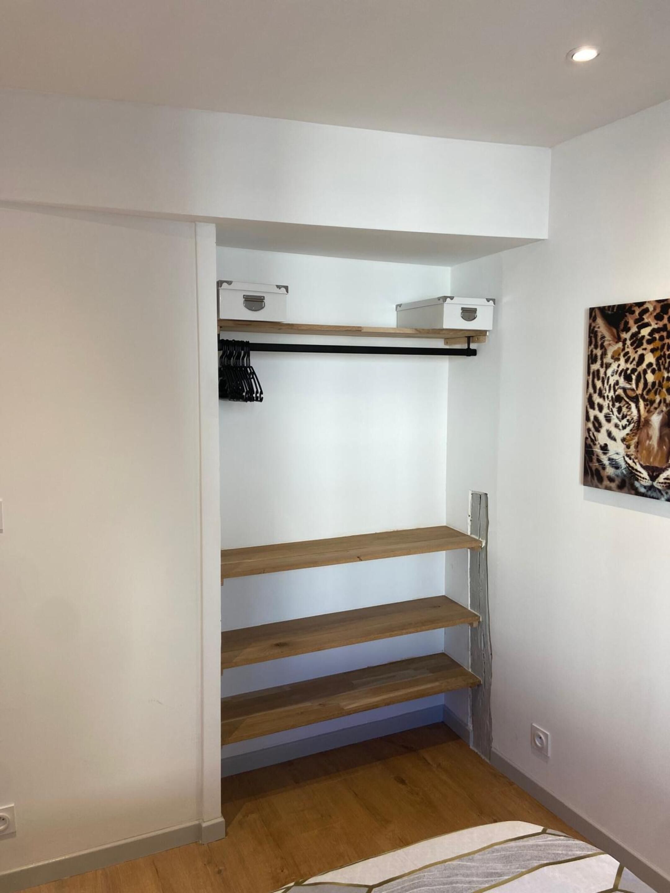 A walk-in closet with wooden shelves and a hanging rod, a leopard print artwork on the wall, and a light switch on the floor.