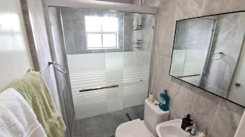 Doccia, asciugamani, sapone, carta igienica