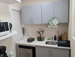 Fridge, microwave, coffee/tea maker, electric kettle