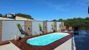 Een zwembad op het dak met een houten terras, omringd door potplanten en een helderblauwe lucht.