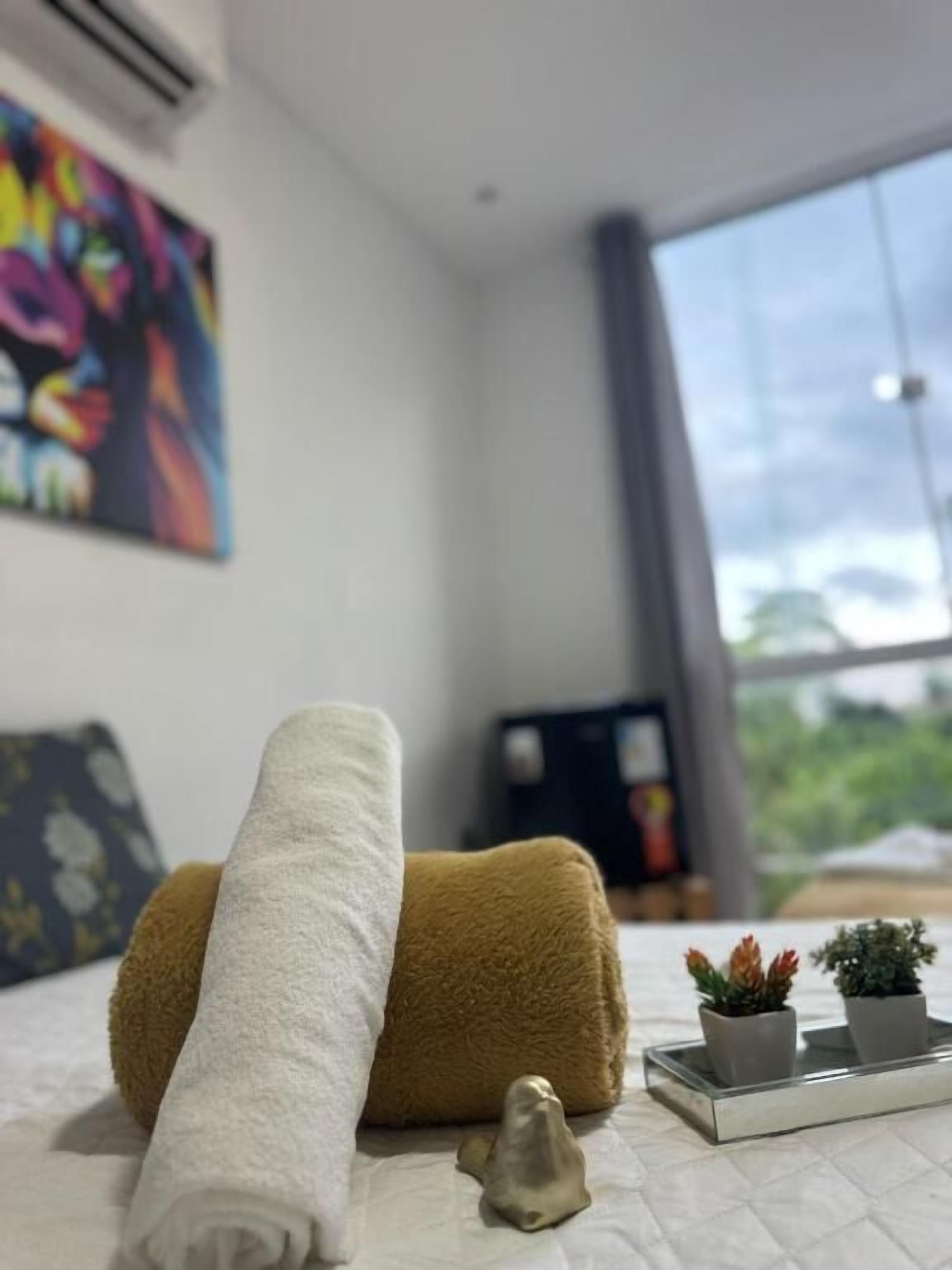 Una cama con una toalla blanca enrollada, una toalla marrón y dos pequeñas macetas con plantas sobre una bandeja.