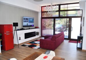 TV connectée, cheminée, chaîne hi-fi