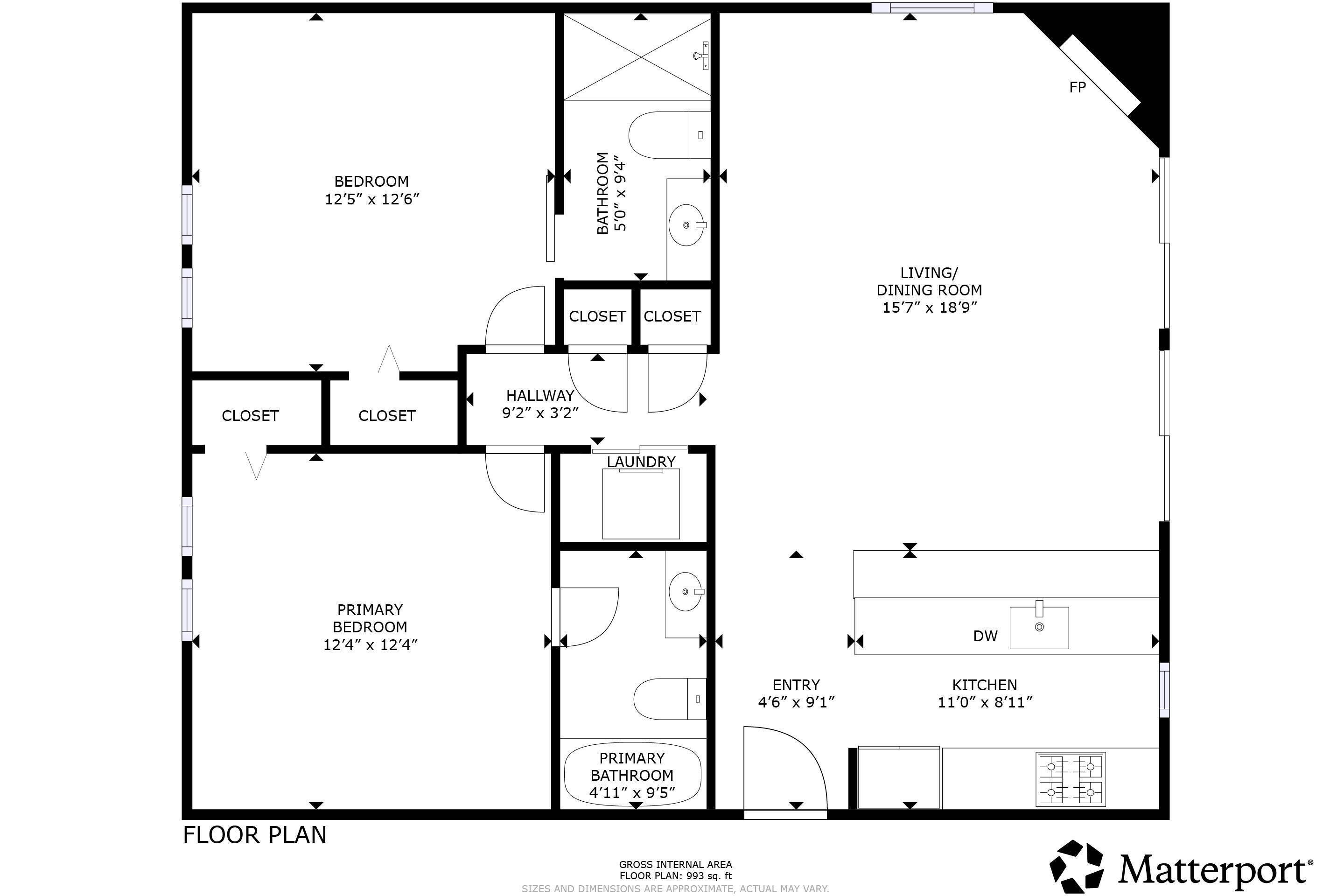 A floor plan with a bedroom, closet, primary bedroom, bathroom, hallway, living/dining room, laundry, kitchen, and entry.