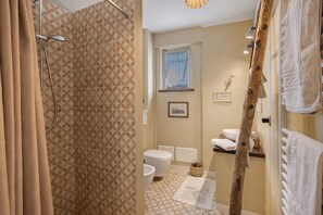 Douche, séchoir à cheveux, serviettes fournies