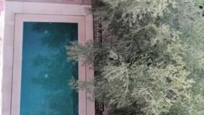 Une piscine rectangulaire dotée d’une terrasse en bois et d’un petit espace détente avec deux chaises et une table.