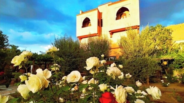 Un jardin avec des roses blanches et rouges devant un bâtiment doté de deux fenêtres en arc.