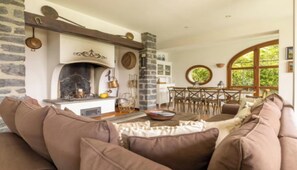 Smart TV, fireplace, books