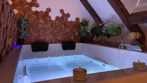 A spa area with a wooden wall, a bathtub, and various plants. - Love Room downtown with Jacuzzi (Bourges)