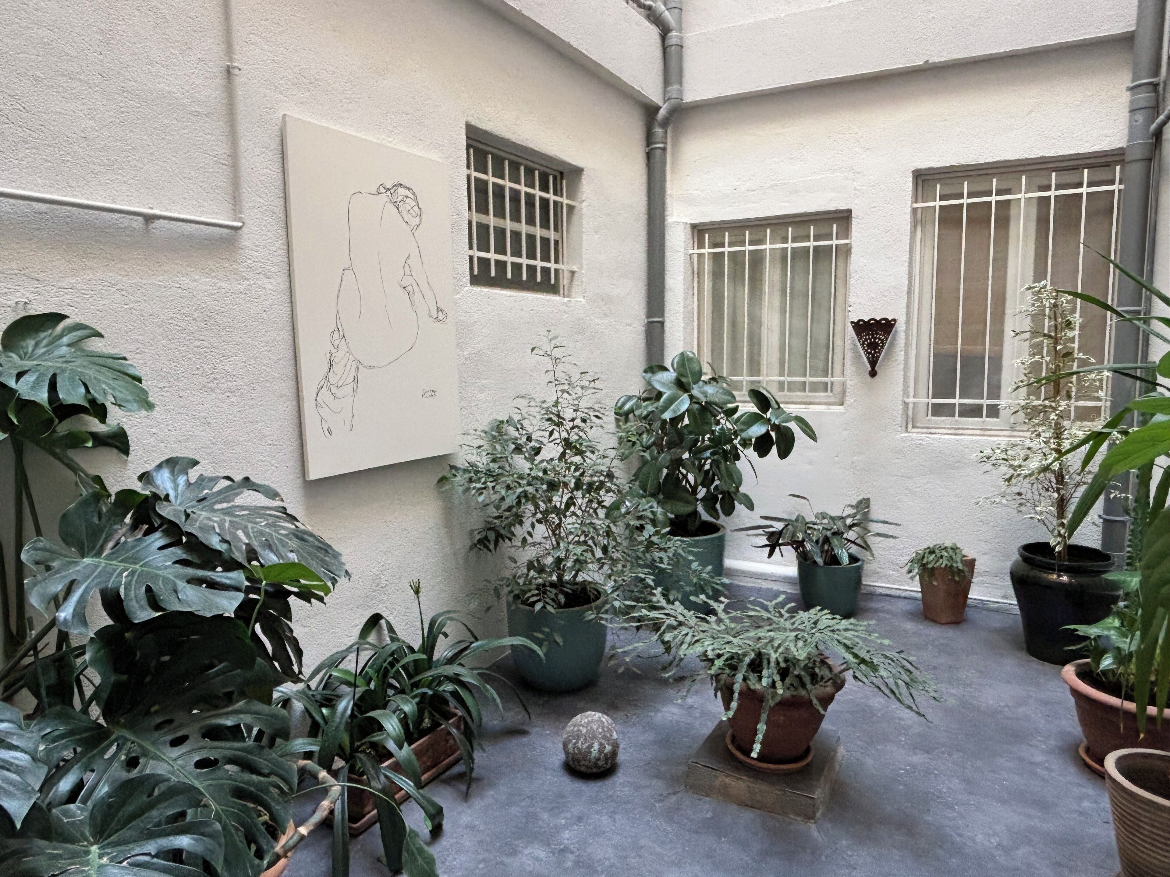 Une cour intérieure agrémentée de plantes en pot, une esquisse accrochée au mur et des fenêtres grillagées.