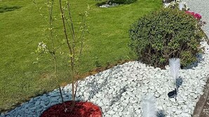 A house with a well-maintained lawn, a small garden with a variety of plants, and a gravel pathway.