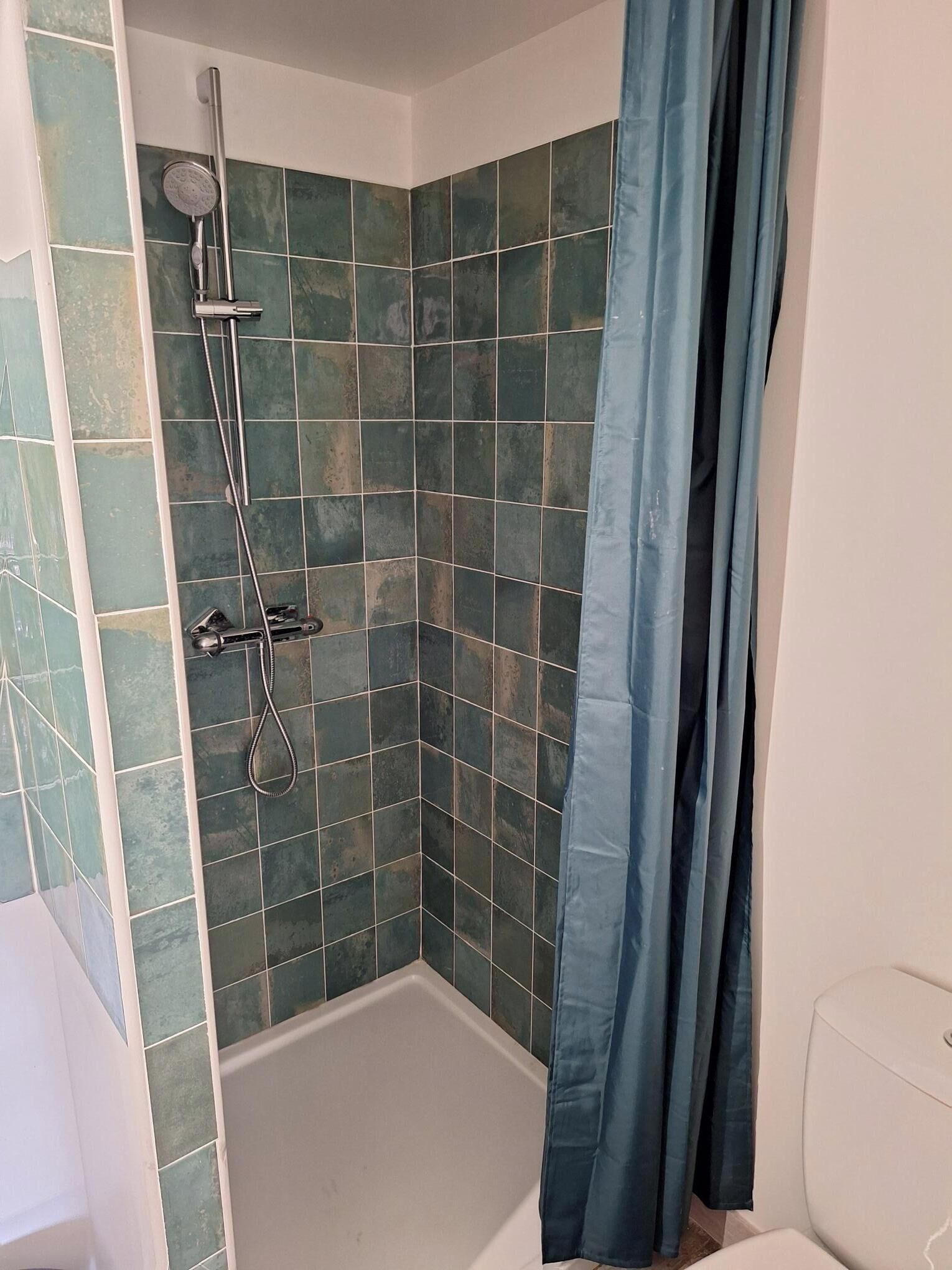 A shower area with a handheld showerhead and a wall-mounted faucet.