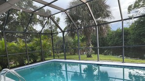 Une piscine entourée d’une clôture métallique et de panneaux de verre, le tout noyé dans une végétation luxuriante et bordé d’arbres.