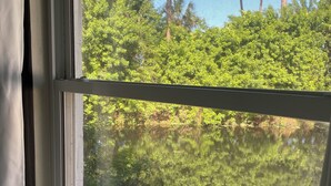 Une fenêtre donnant sur un espace verdoyant et des arbres.