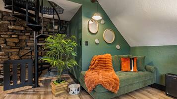 Smart TV, fireplace, books, stereo