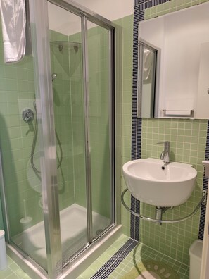 Shower, hair dryer, bidet, towels