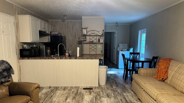 A compact living space with a kitchenette, a dining area, and a sofa.