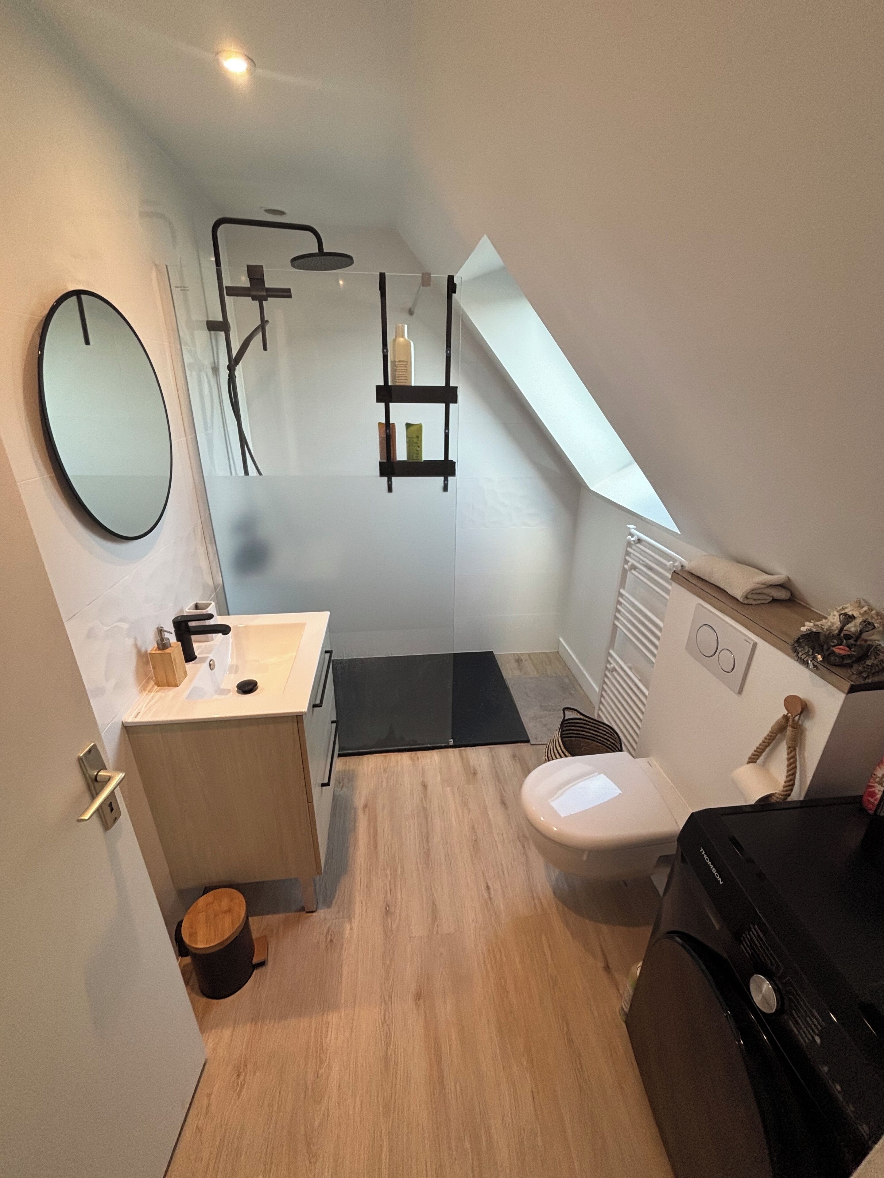Sèche-cheveux, savon, shampoing, papier toilette