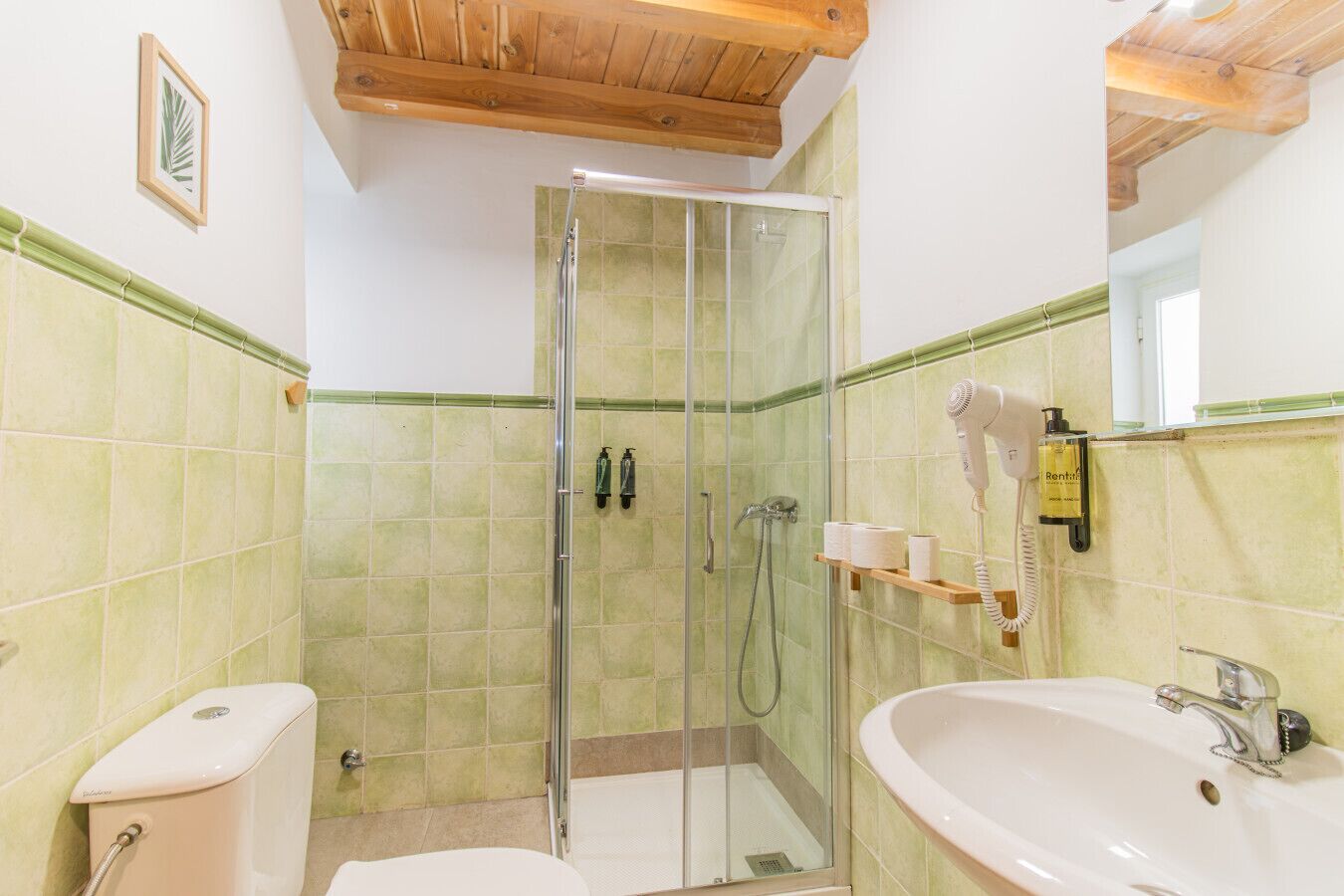 Un baño con cabina de ducha de vidrio, un inodoro, un lavabo y un secador de pelo en un estante de pared.
