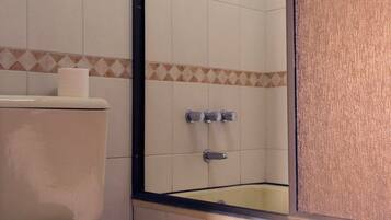 Un baño con inodoro, ducha y lavamanos.