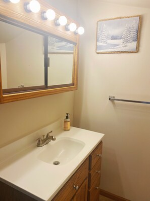 Hair dryer, towels, soap, toilet paper