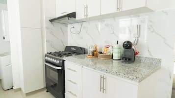 Fridge, microwave, oven, stovetop