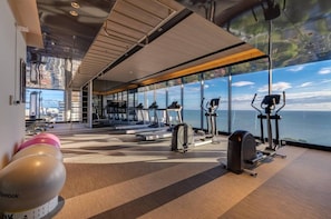 A gym with treadmills, elliptical machines, and Reebok exercise balls, overlooking a scenic view.