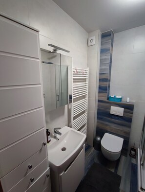 Sèche-cheveux, serviettes fournies, savon, papier toilette