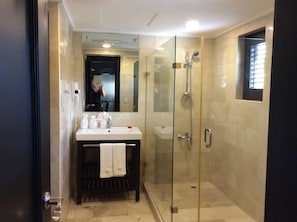 Shower, hair dryer, towels, soap