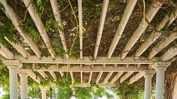 Un espace extérieur abrité, doté de colonnes et de bancs blancs, offrant une vue sur un paysage pittoresque.
