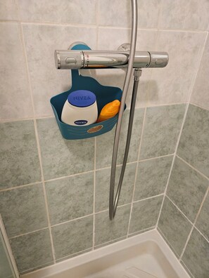 Shower, hair dryer, towels, soap