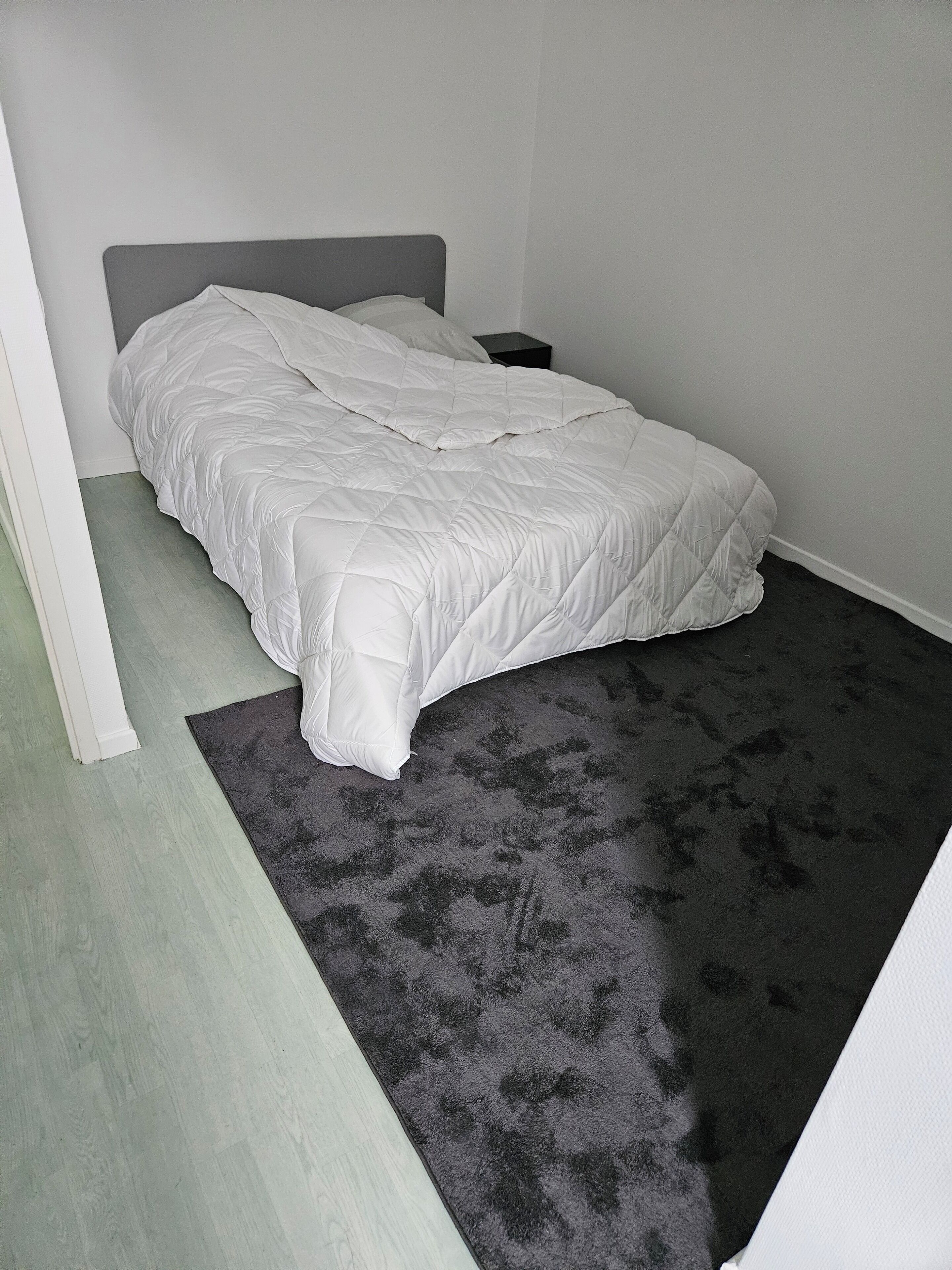 Une chambre à coucher avec un lit, une table de chevet et un sol recouvert d’une moquette.