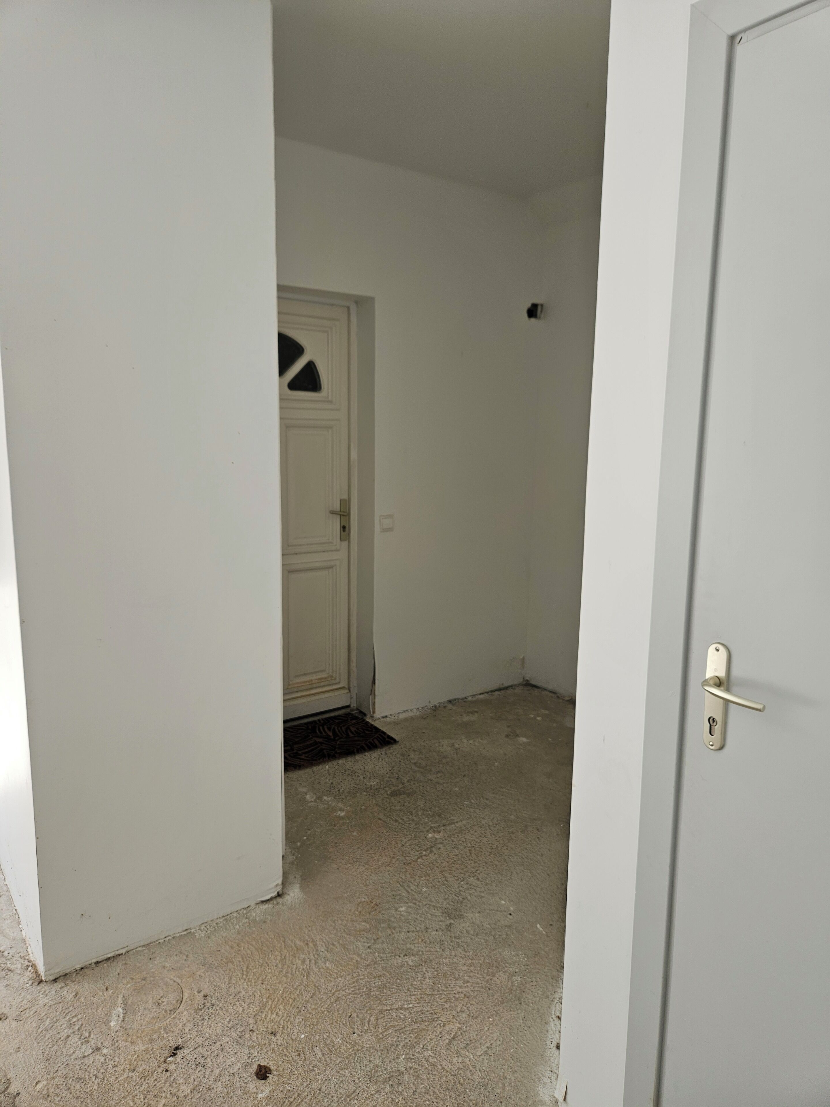 Ein Flur mit einer weißen Tür, einer Fußmatte und einem Teppichboden.