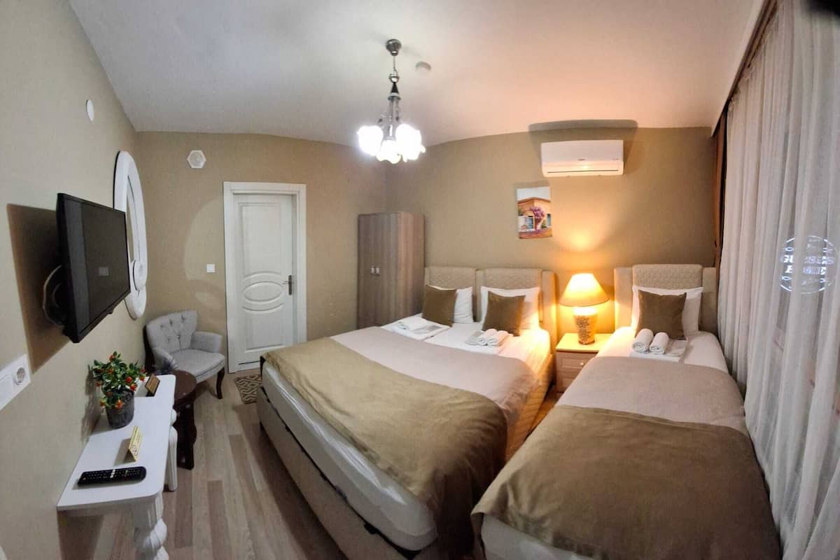 A hotel room with two beds, a desk with a remote control, a television, a door, and a ceiling light.
