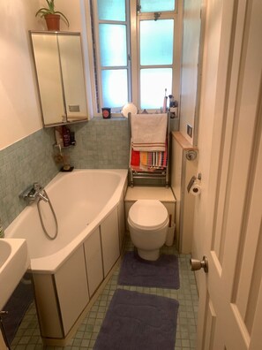 Hair dryer, towels, soap, toilet paper