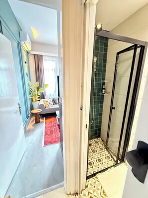 Shower, hair dryer, bidet, towels