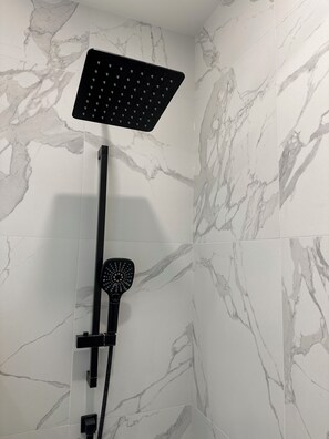 Hair dryer, towels, soap, toilet paper