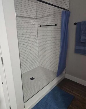 Hair dryer, towels, soap, shampoo