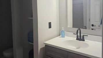 Hair dryer, towels, soap, shampoo