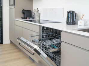 Fridge, microwave, dishwasher, coffee/tea maker
