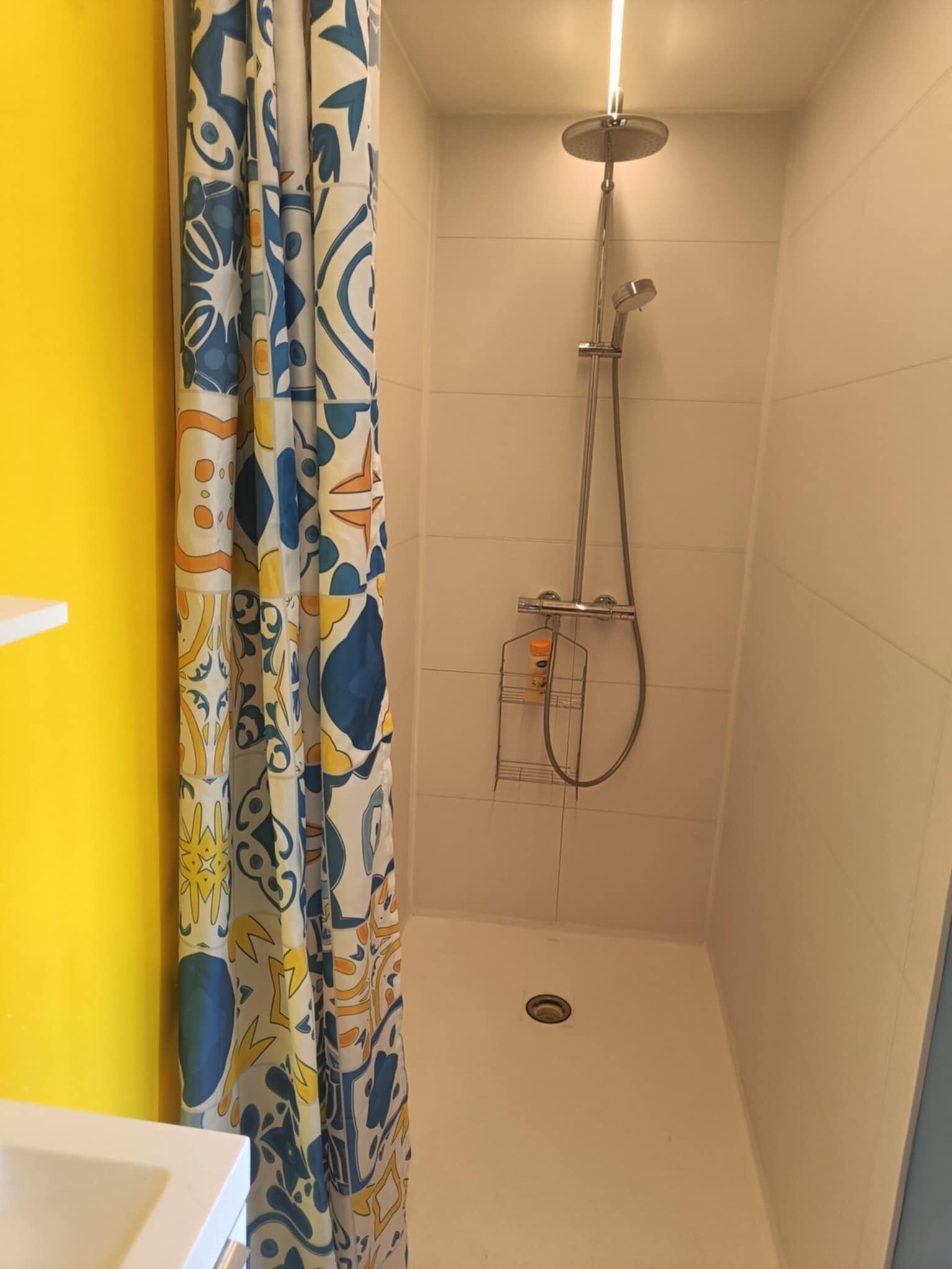 Shower, hair dryer, soap, toilet paper