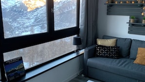 Una sala de estar moderna con sofá, una mesita de centro, una estantería y un ventanal con vistas a montañas nevadas.