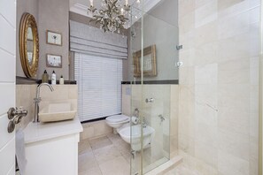 Shower, hair dryer, bidet, towels