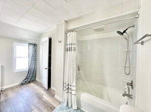 Hair dryer, towels, soap, toilet paper
