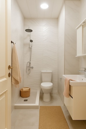 Douche, sèche-cheveux, bidet, serviettes fournies