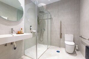 Douche, sèche-cheveux, serviettes fournies, savon