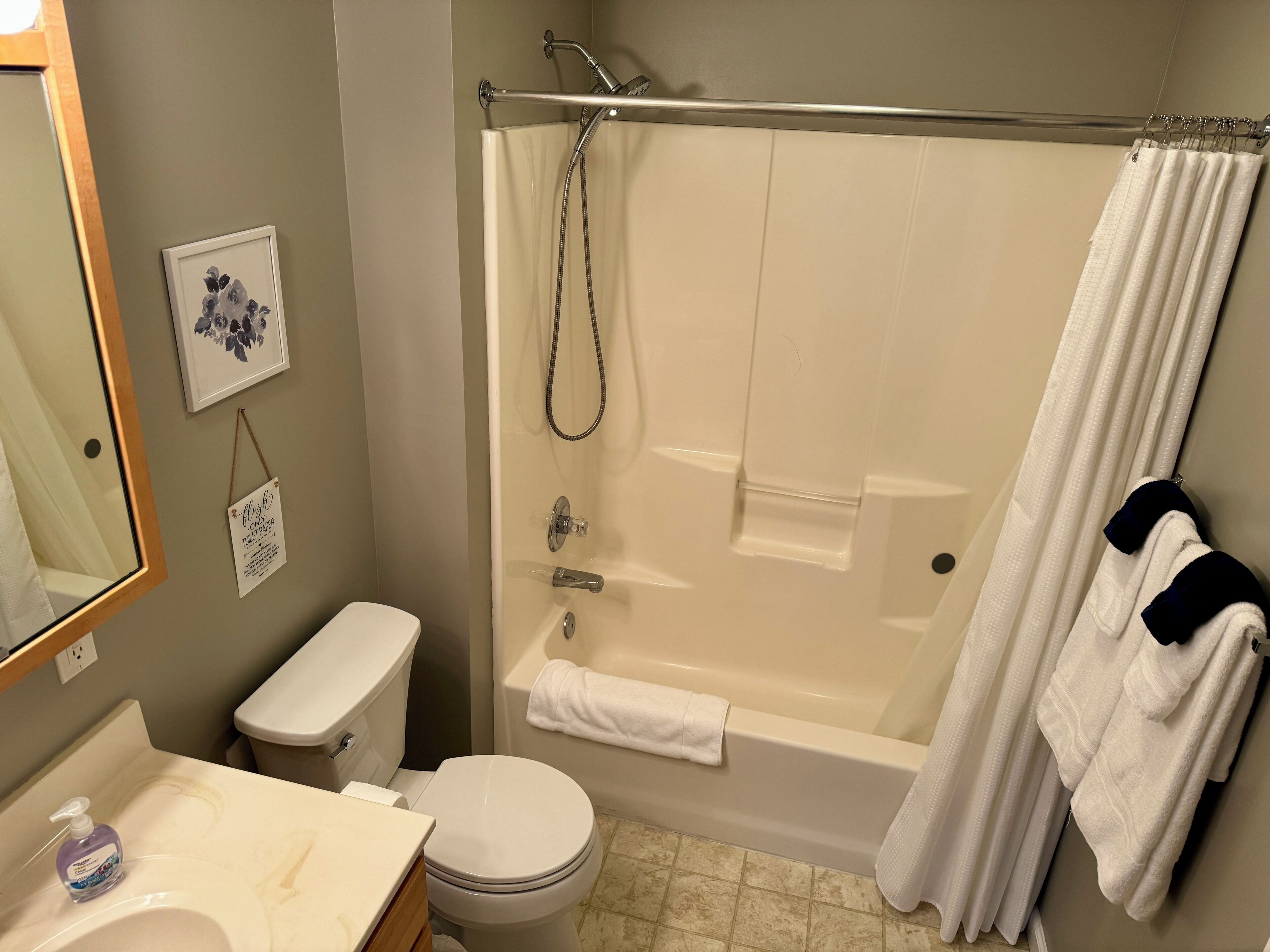 Hair dryer, towels, soap, toilet paper