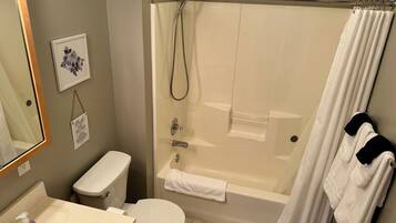 Hair dryer, towels, soap, toilet paper