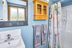 Shower, hair dryer, shampoo