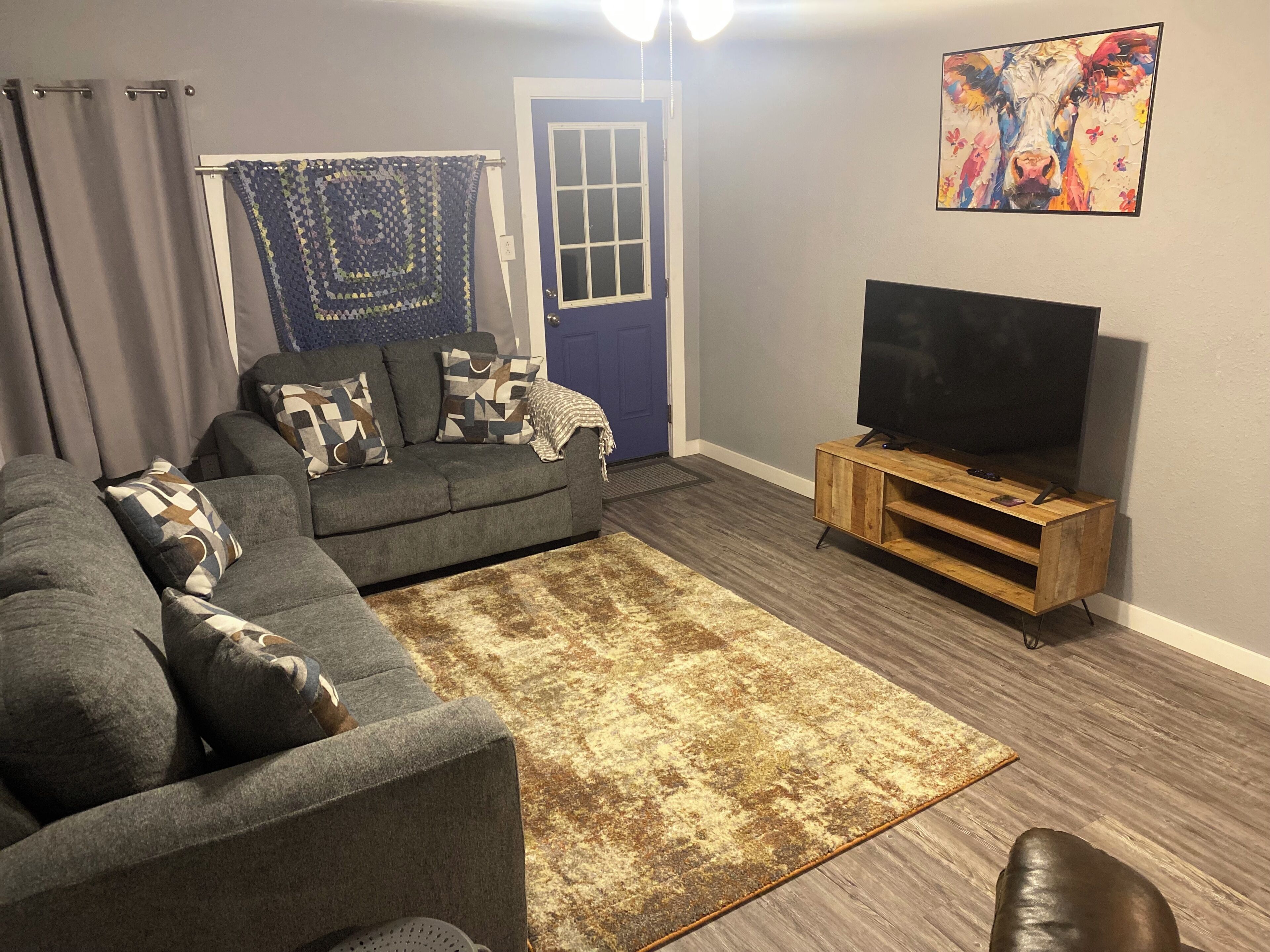 Un salon avec un canapé, un téléviseur posé sur un meuble en bois, un tapis à motifs et une porte.