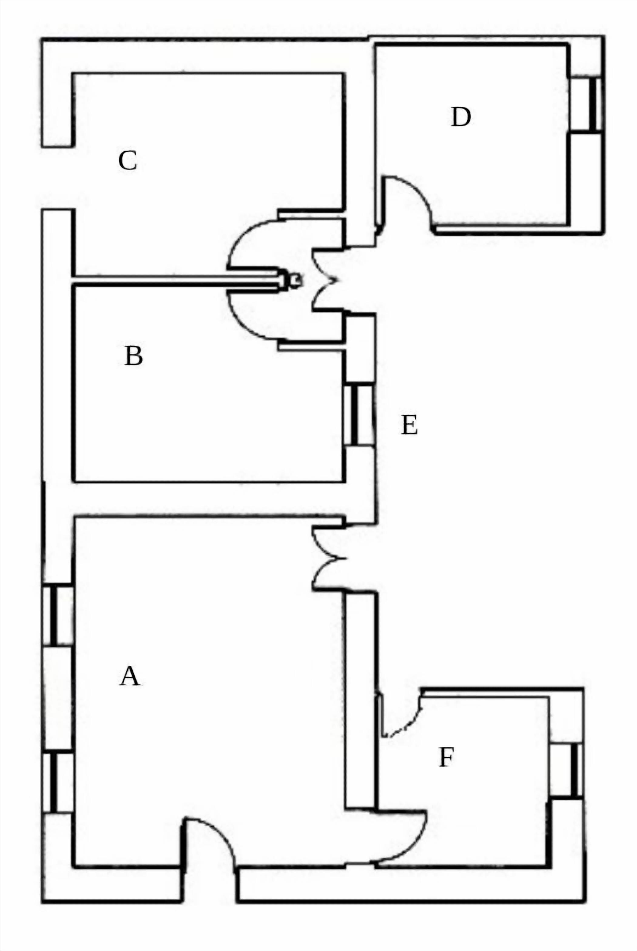 A floor plan with labeled rooms A, B, C, D, E, and F.